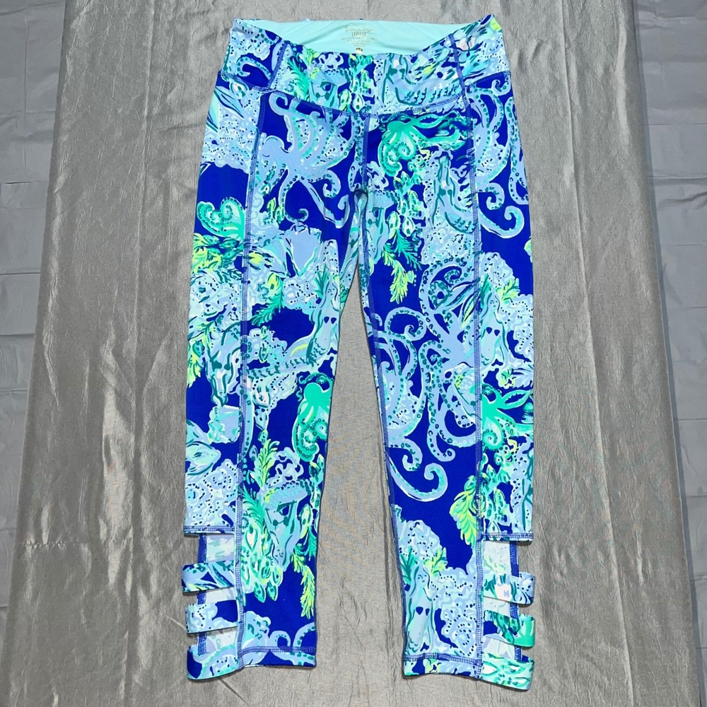 Lilly Pulitzer Luxletic Octopus Print Cropped Leggings Blue Green Cutout Mens M